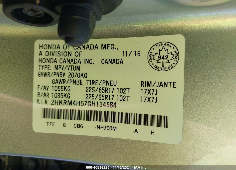 2016 HONDA CR-V EX VIN: 2HKRM4H57GH134584