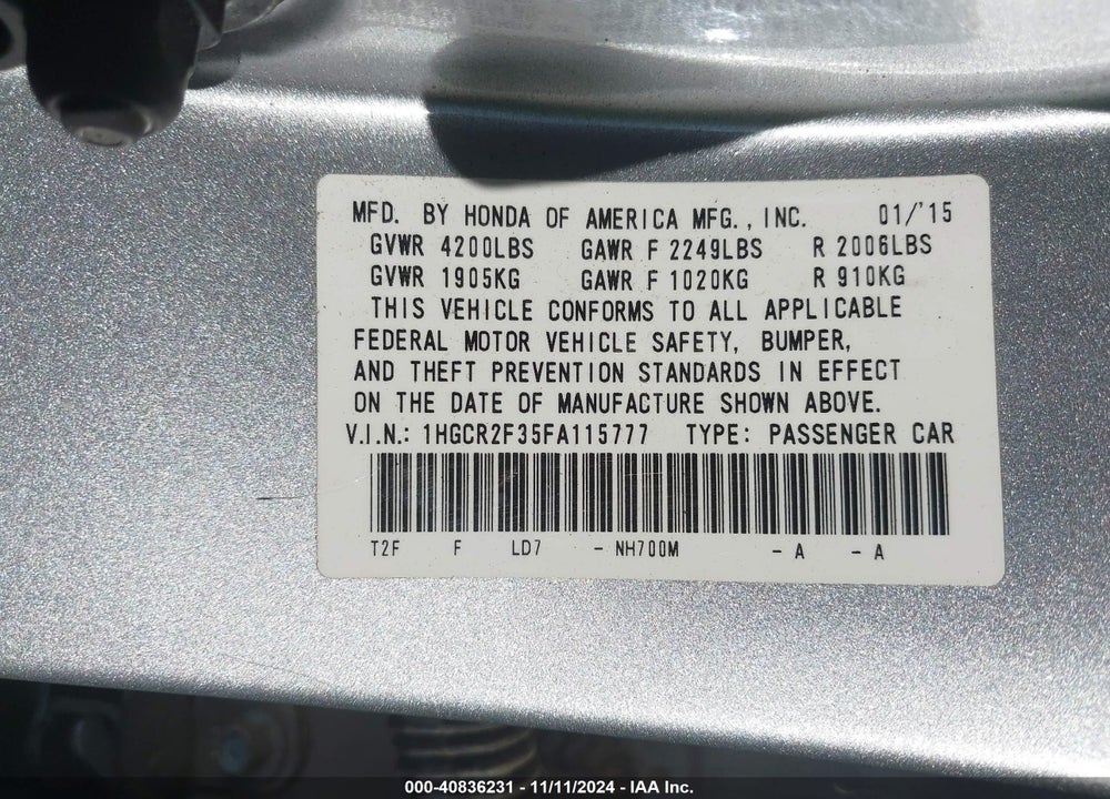 2015 HONDA ACCORD LX VIN: 1HGCR2F35FA115777