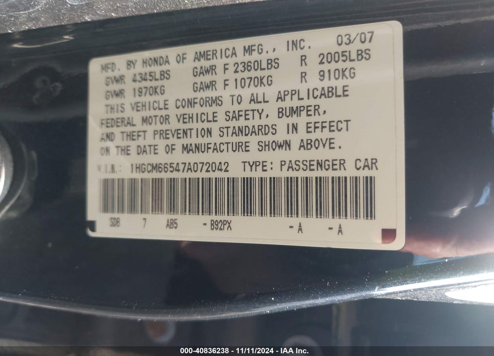 2007 HONDA ACCORD 3.0 EX VIN: 1HGCM66547A072042