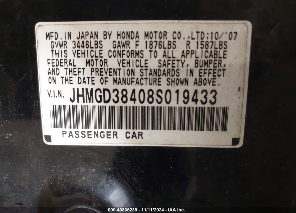 2008 HONDA FIT VIN: JHMGD38408S019433