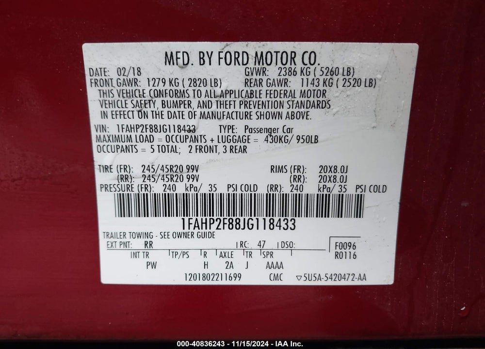 2018 FORD TAURUS VIN: 1FAHP2F88JG118433
