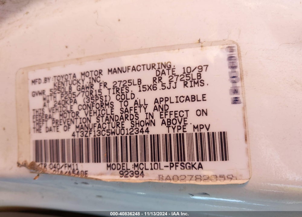 1998 TOYOTA SIENNA XLE VIN: 4T3ZF13C5WU012344