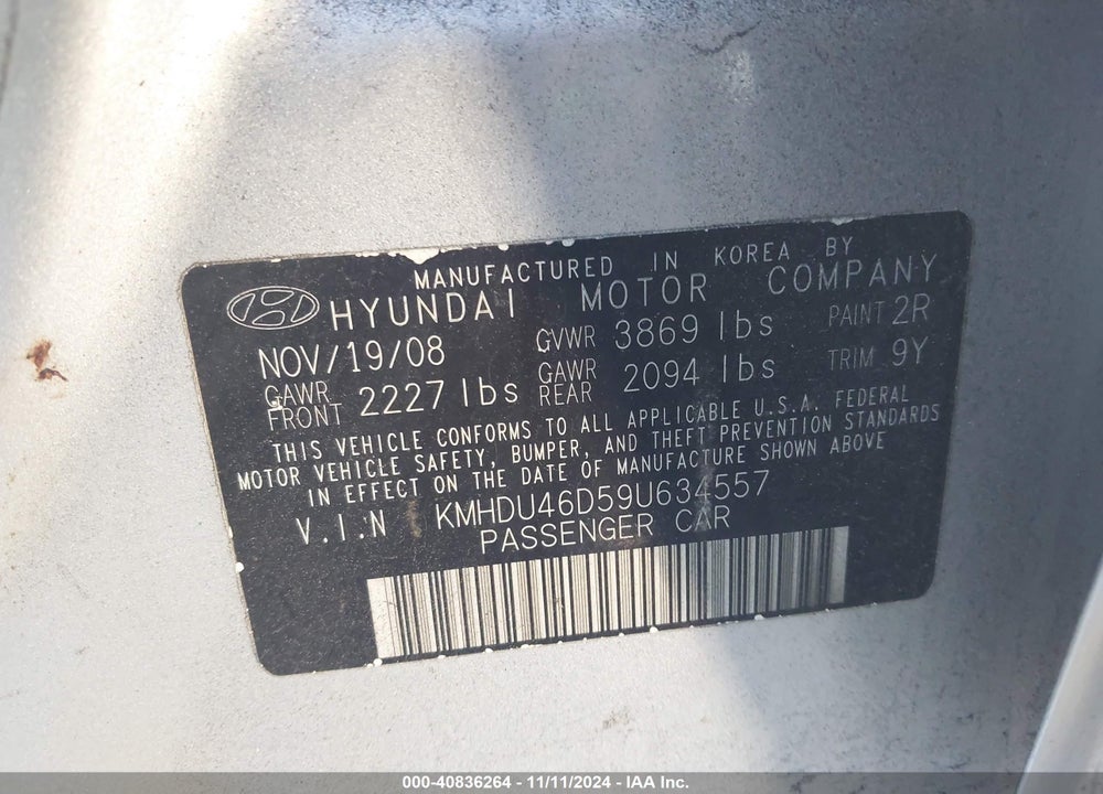 2009 HYUNDAI ELANTRA SE VIN: KMHDU46D59U634557