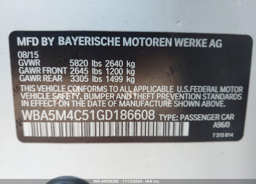 2016 BMW 535I GRAN TURISMO XDRIVE VIN: WBA5M4C51GD186608