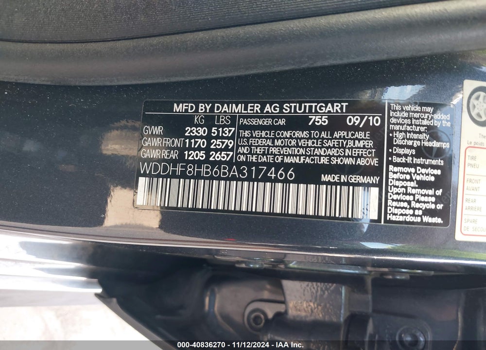 2011 MERCEDES-BENZ E 350 4MATIC VIN: WDDHF8HB6BA317466