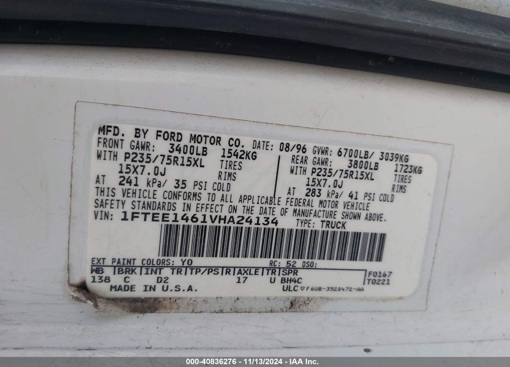 1997 FORD E-150 STANDARD VIN: 1FTEE1461VHA24134