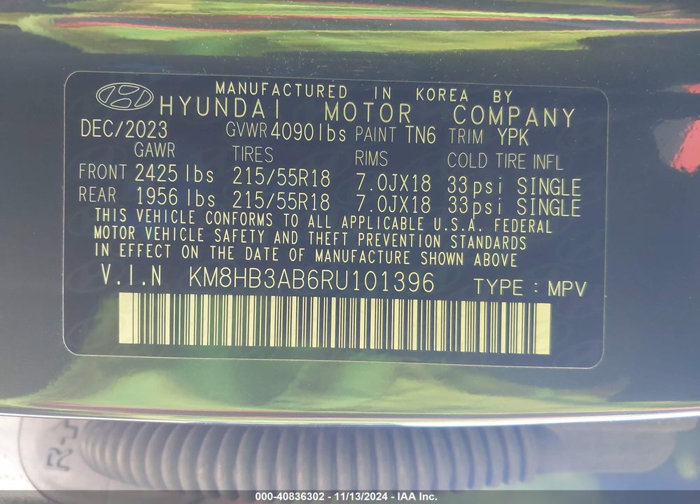 2024 HYUNDAI KONA SEL VIN: KM8HB3AB6RU101396