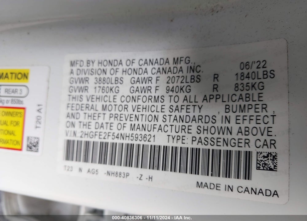 2022 HONDA CIVIC SPORT VIN: 2HGFE2F54NH593621