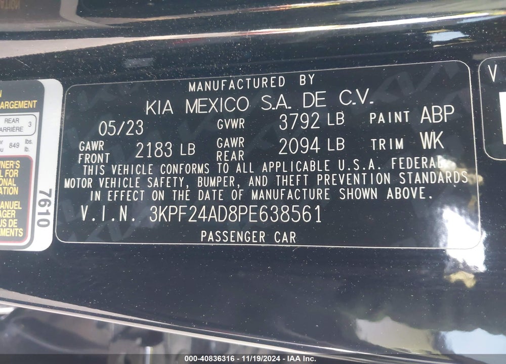 2023 KIA FORTE LXS VIN: 3KPF24AD8PE638561