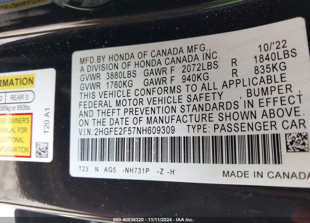 2022 HONDA CIVIC SPORT VIN: 2HGFE2F57NH609309