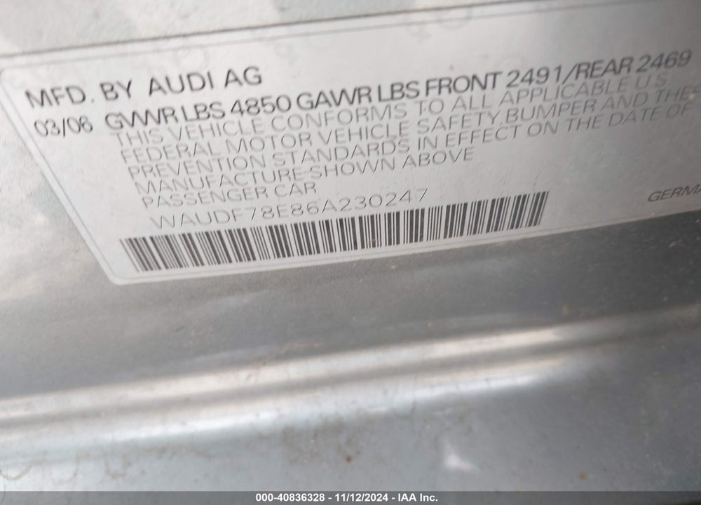 2006 AUDI A4 2.0T VIN: WAUDF78E86A230247