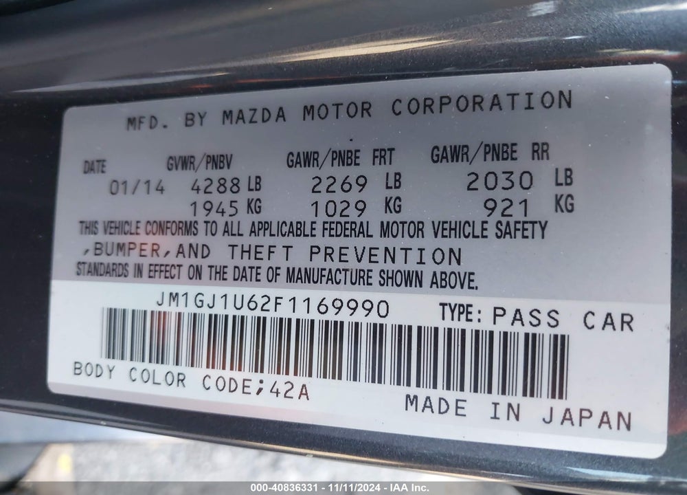 2015 MAZDA 6 VIN: JM1GJ1U62F1169990