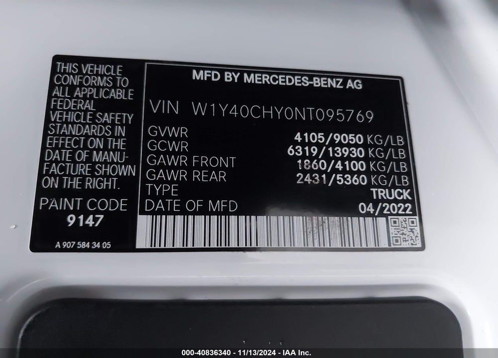 2022 MERCEDES-BENZ SPRINTER 2500 HIGH ROOF I4 VIN: W1Y40CHY0NT095769