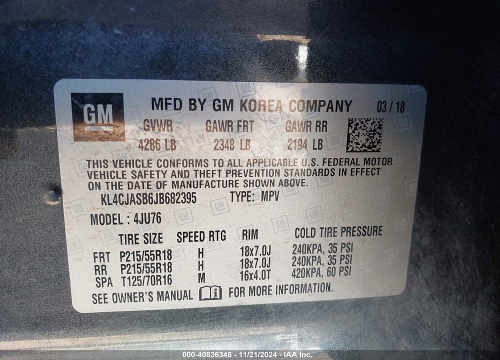 2018 BUICK ENCORE PREFERRED VIN: KL4CJASB6JB682395