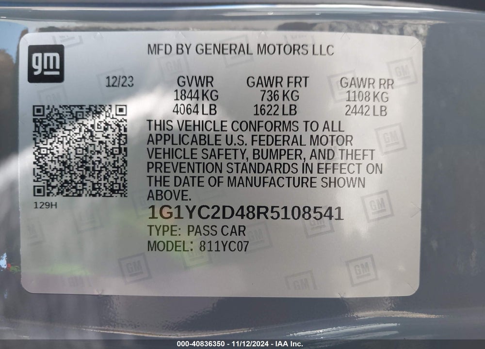2024 CHEVROLET CORVETTE VIN: 1G1YC2D48R5108541