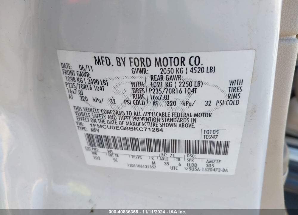 2011 FORD ESCAPE LIMITED VIN: 1FMCU0EG8BKC71284