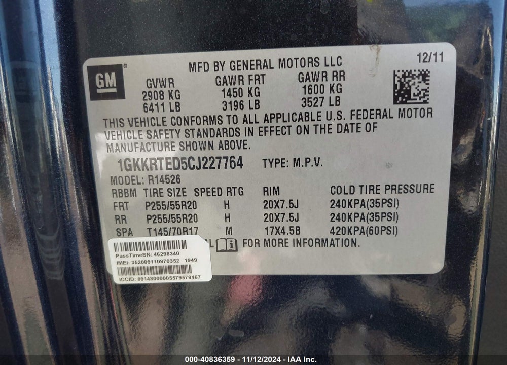2012 GMC ACADIA DENALI VIN: 1GKKRTED5CJ227764