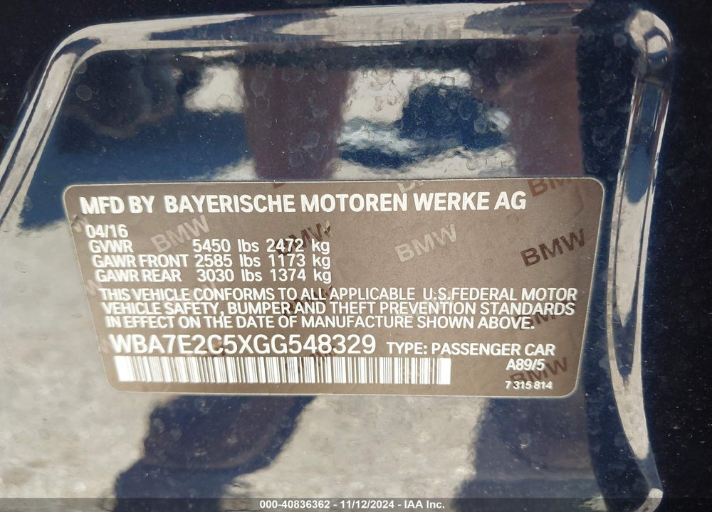 2016 BMW 740I VIN: WBA7E2C5XGG548329