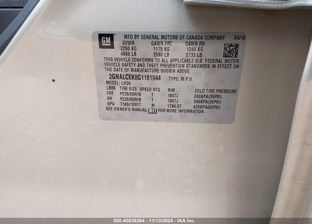 2016 CHEVROLET EQUINOX LT VIN: 2GNALCEK8G1181944