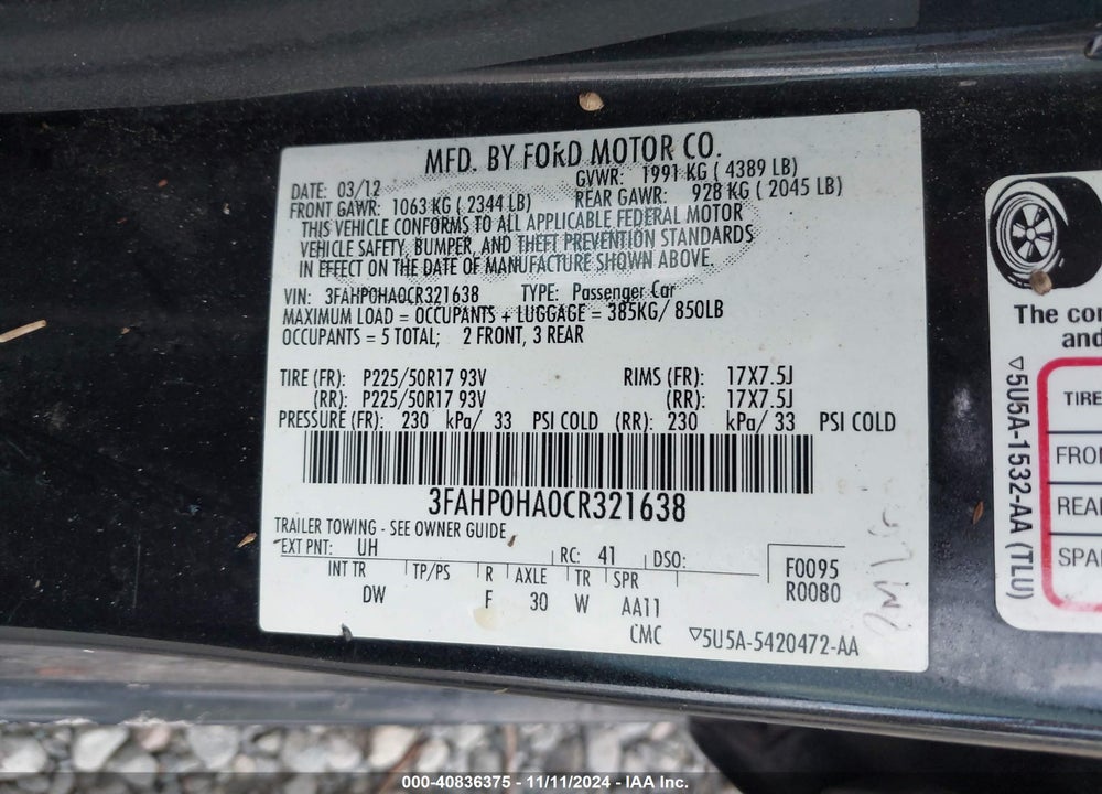 2012 FORD FUSION SE VIN: 3FAHP0HA0CR321638