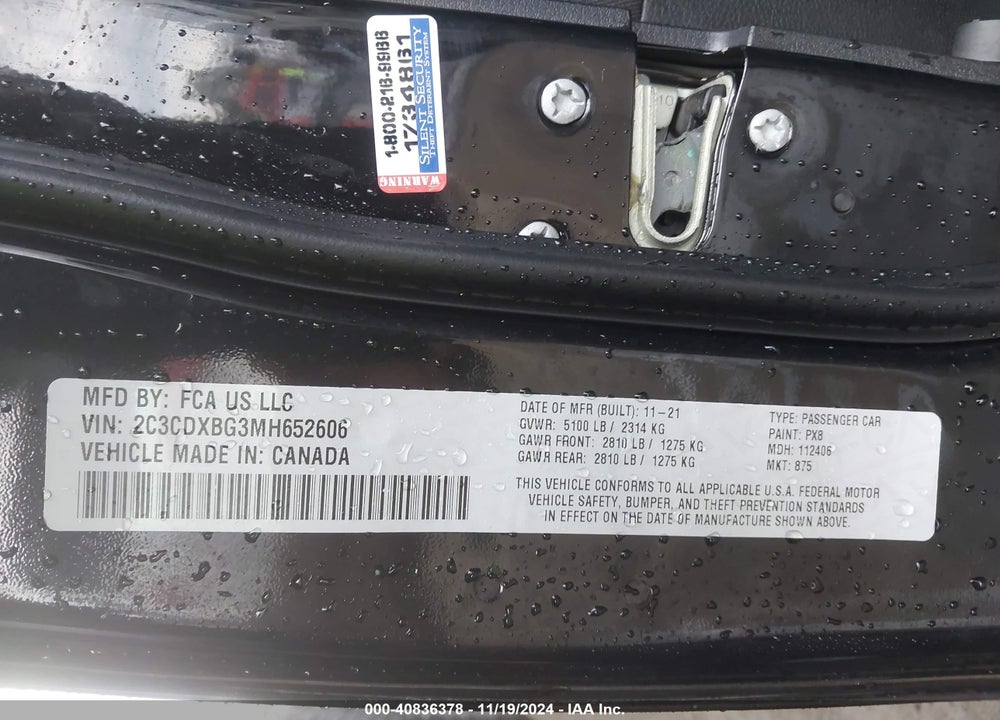 2021 DODGE CHARGER SXT RWD VIN: 2C3CDXBG3MH652606