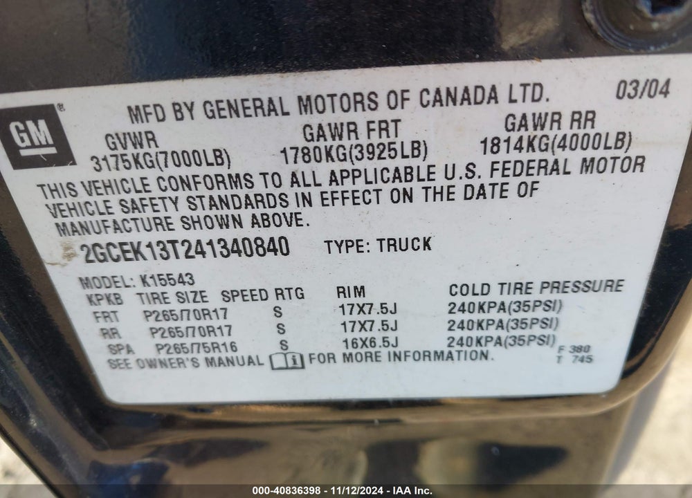 2004 CHEVROLET SILVERADO 1500 Z71 VIN: 2GCEK13T241340840