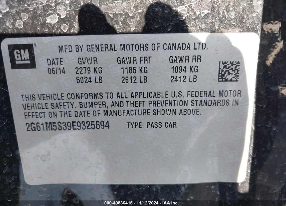 2014 CADILLAC XTS LUXURY VIN: 2G61M5S39E9325694