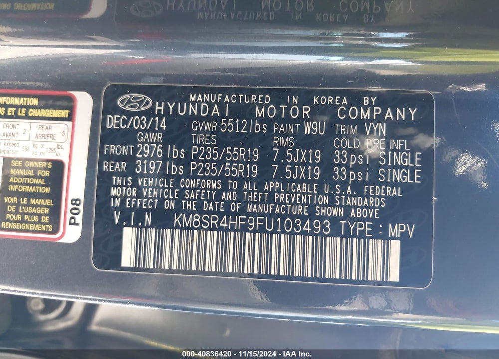 2015 HYUNDAI SANTA FE GLS VIN: KM8SR4HF9FU103493