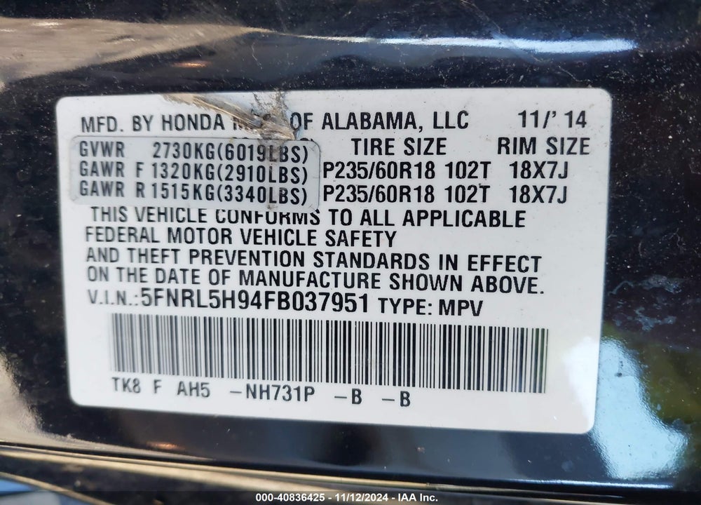 2015 HONDA ODYSSEY TOURING/TOURING ELITE VIN: 5FNRL5H94FB037951