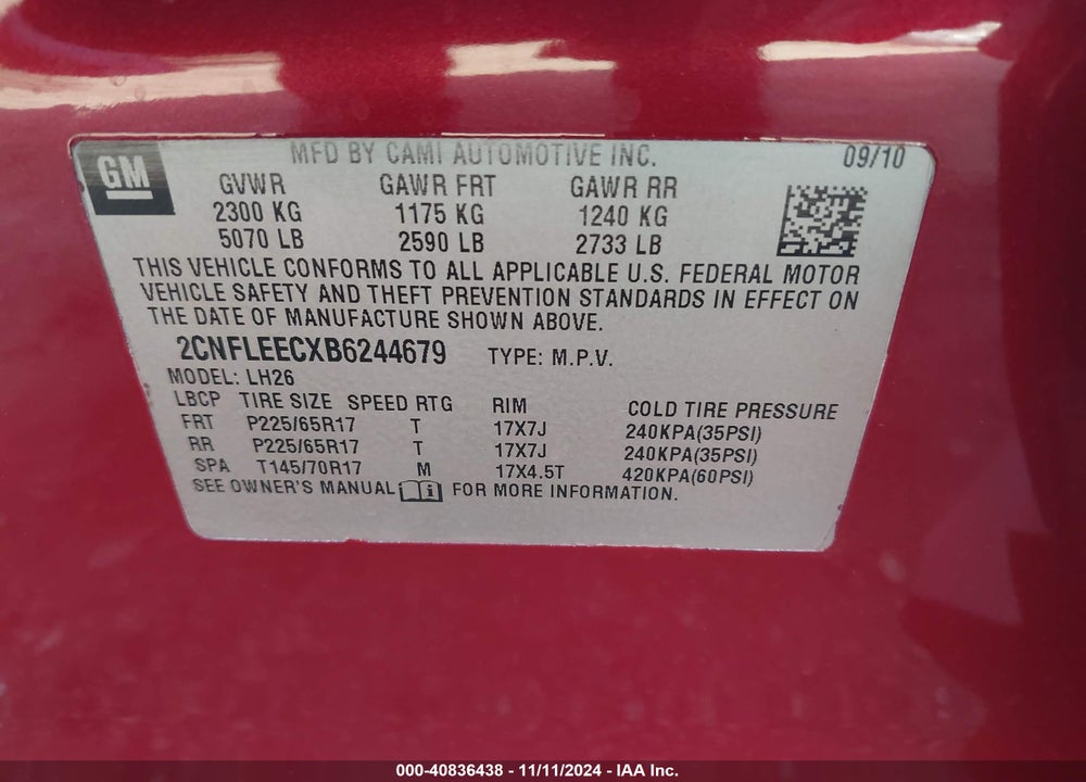 2011 CHEVROLET EQUINOX 1LT VIN: 2CNFLEECXB6244679