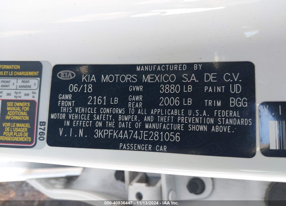 2018 KIA FORTE LX VIN: 3KPFK4A74JE281056