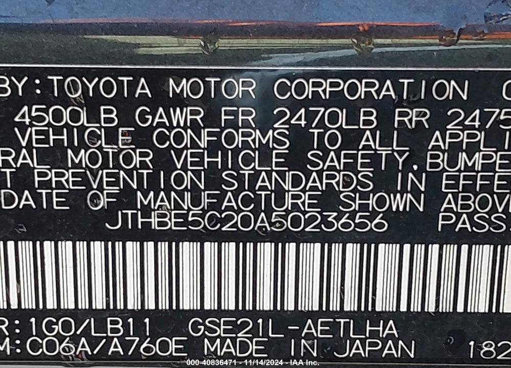 2010 LEXUS IS 350 VIN: JTHBE5C20A5023656