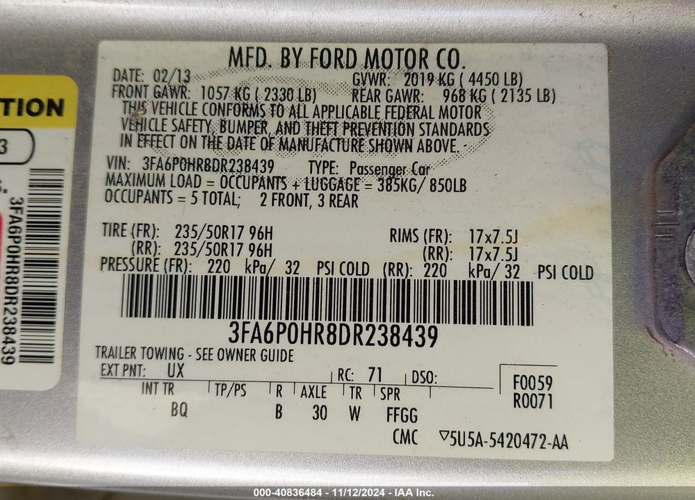 2013 FORD FUSION SE VIN: 3FA6P0HR8DR238439