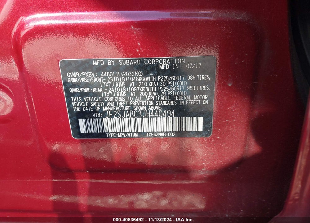 2018 SUBARU FORESTER 2.5I VIN: JF2SJABC3JH440494