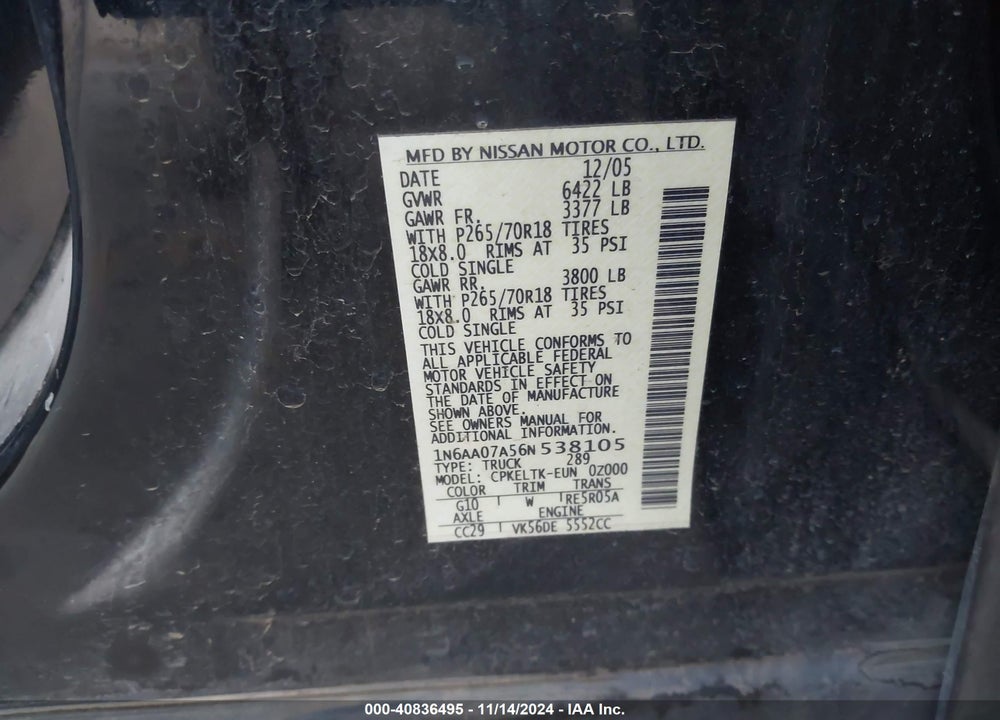 2006 NISSAN TITAN SE VIN: 1N6AA07A56N538105