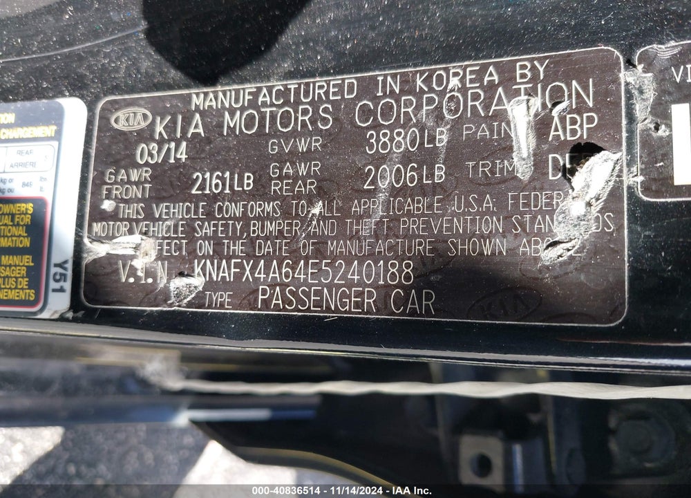 2014 KIA FORTE LX VIN: KNAFX4A64E5240188