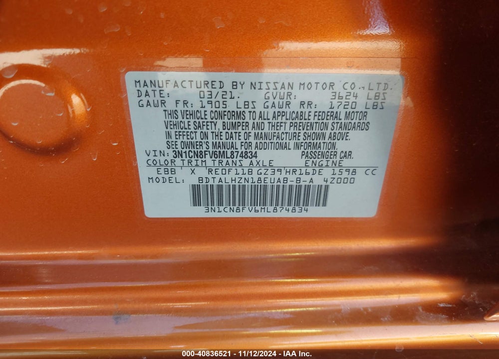 2021 NISSAN VERSA SR XTRONIC CVT VIN: 3N1CN8FV6ML874834