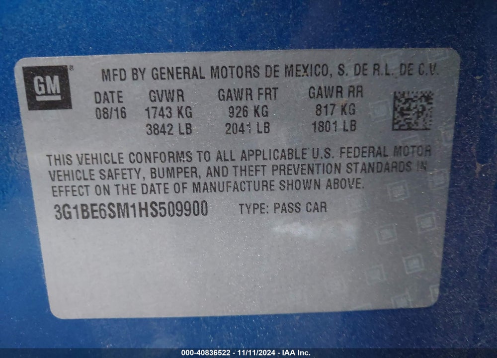 2017 CHEVROLET CRUZE LT AUTO VIN: 3G1BE6SM1HS509900