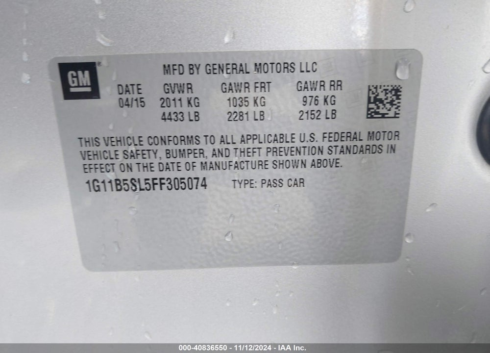 2015 CHEVROLET MALIBU LS VIN: 1G11B5SL5FF305074