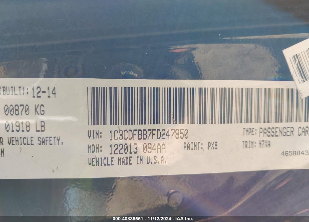 2015 DODGE DART SXT VIN: 1C3CDFBB7FD247850