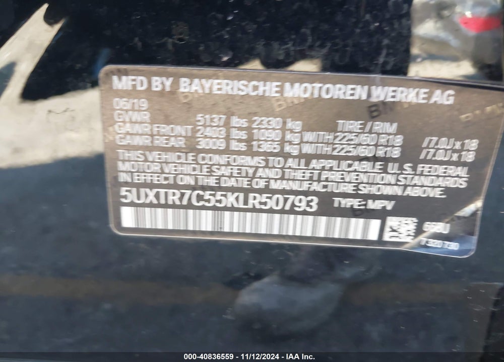 2019 BMW X3 VIN: 5UXTR7C55KLR50793