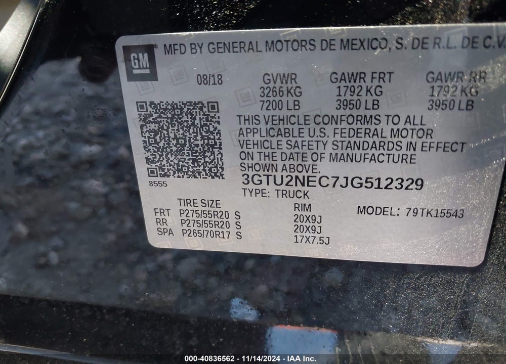 2018 GMC SIERRA 1500 SLT VIN: 3GTU2NEC7JG512329