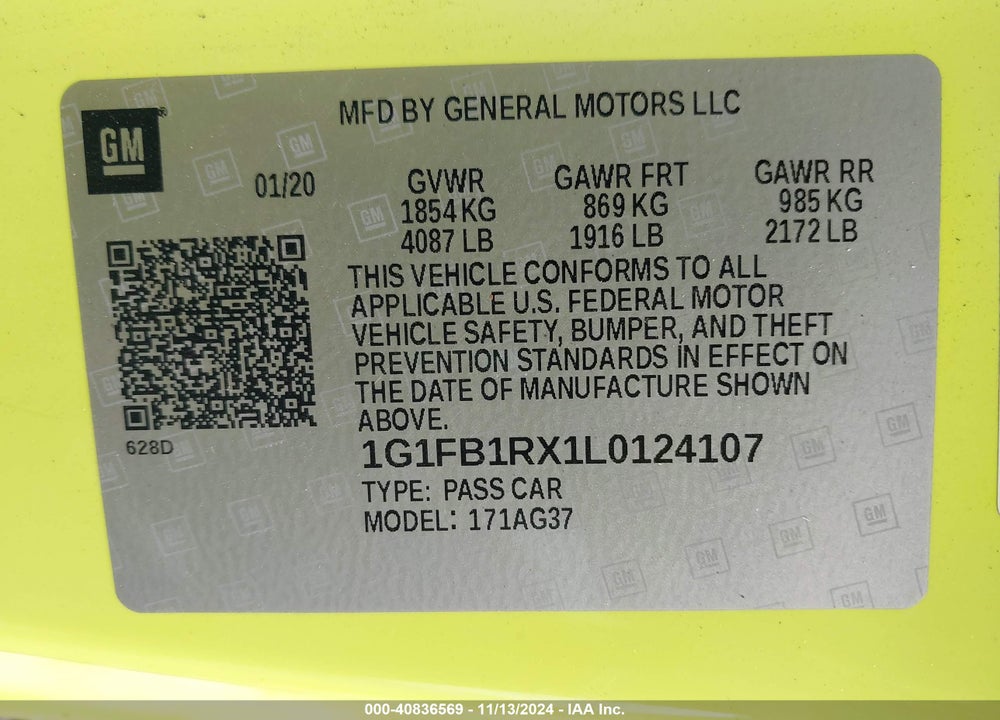 2020 CHEVROLET CAMARO RWD 1LS VIN: 1G1FB1RX1L0124107
