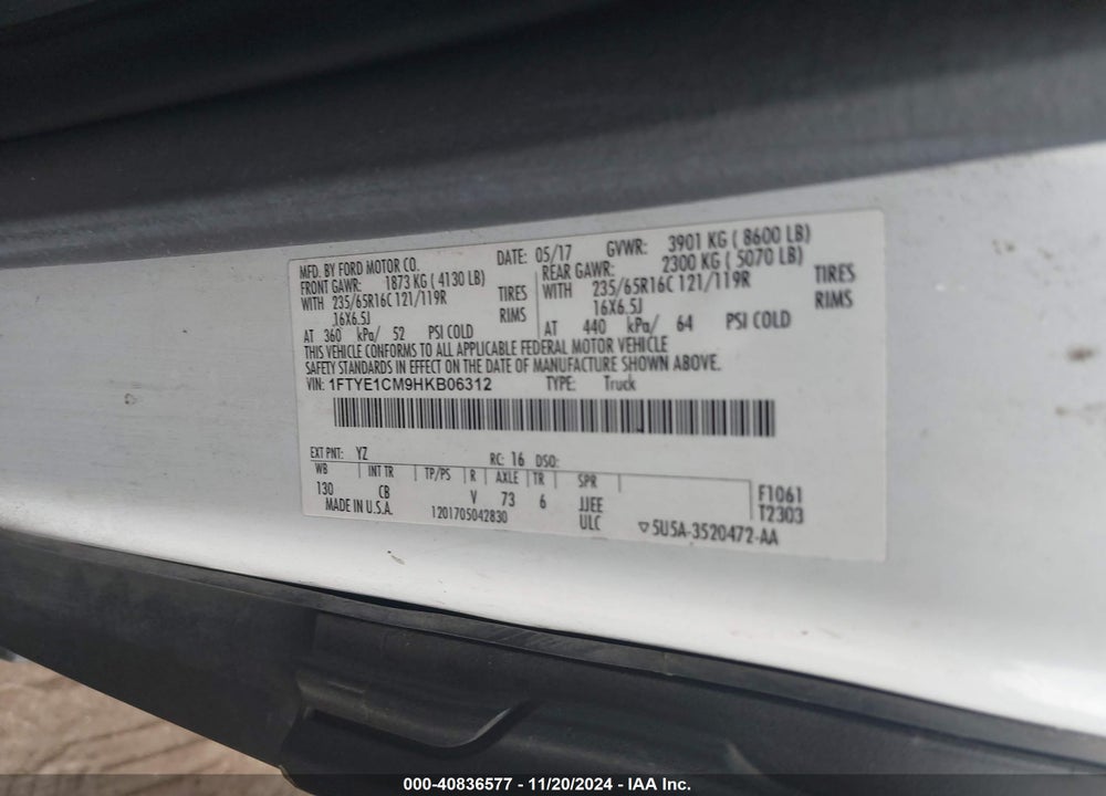 2017 FORD TRANSIT-150 VIN: 1FTYE1CM9HKB06312