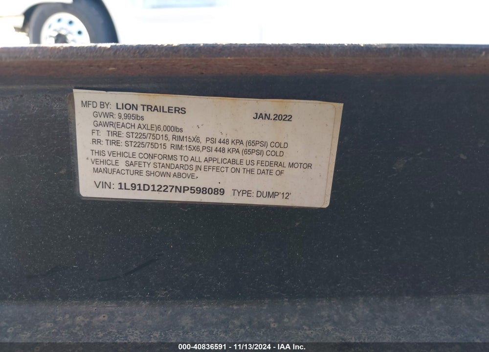 2022 TRAILER LION 12' DUMP VIN: 1L91D1227NP598089