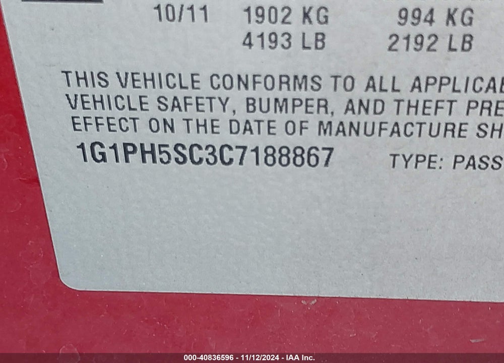 2012 CHEVROLET CRUZE LTZ VIN: 1G1PH5SC3C7188867