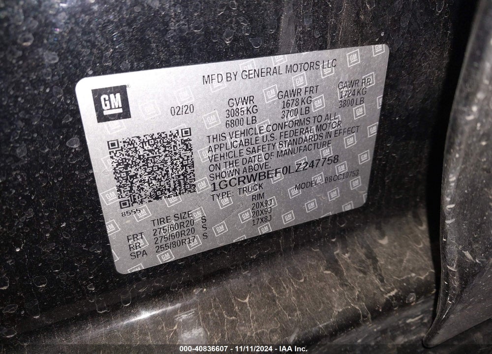 2020 CHEVROLET SILVERADO 1500 VIN: 1GCRWBEF0LZ247758