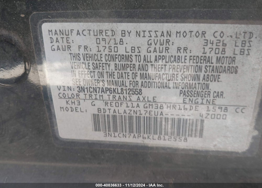 2019 NISSAN VERSA 1.6 S+ VIN: 3N1CN7AP6KL812558