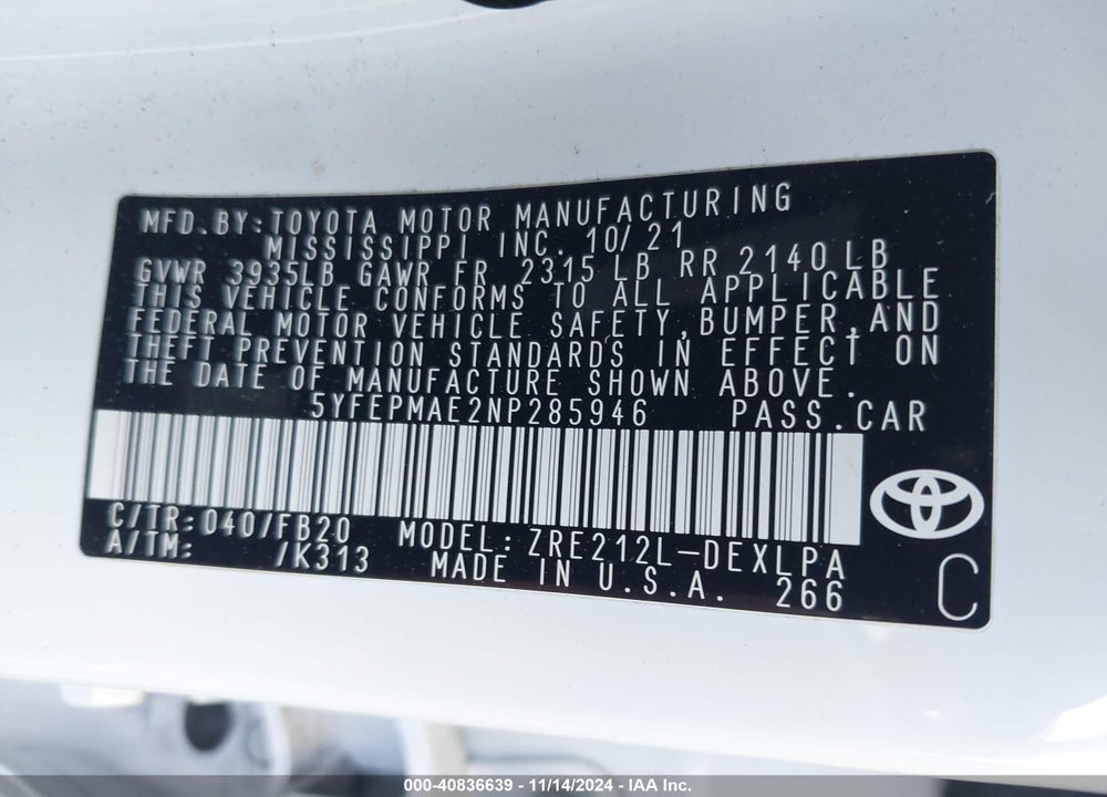 2022 TOYOTA COROLLA LE VIN: 5YFEPMAE2NP285946