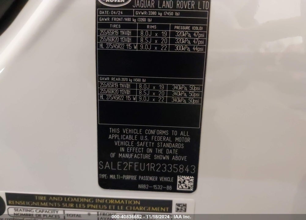 2024 LAND ROVER DEFENDER 130 P400 X-DYNAMIC SE VIN: SALE2FEU1R2335843